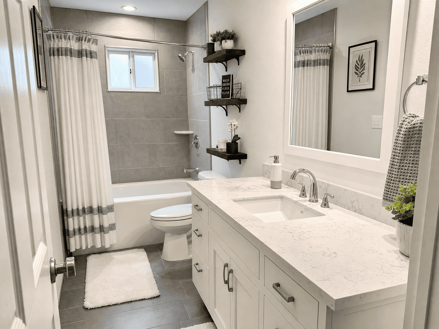 Freshly cleaned bathroom with white vanity