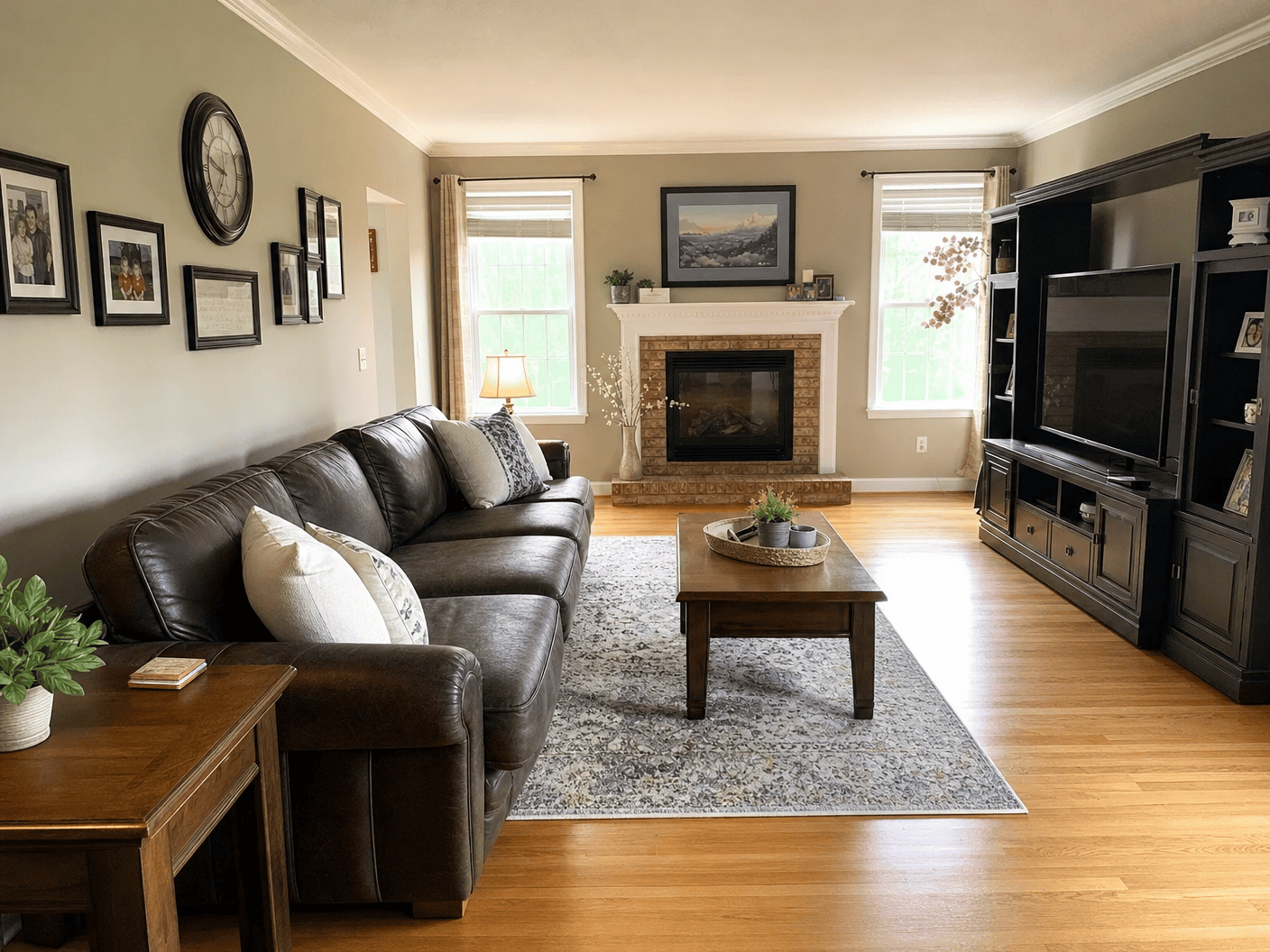Freshly cleaned family room with hardwood floors